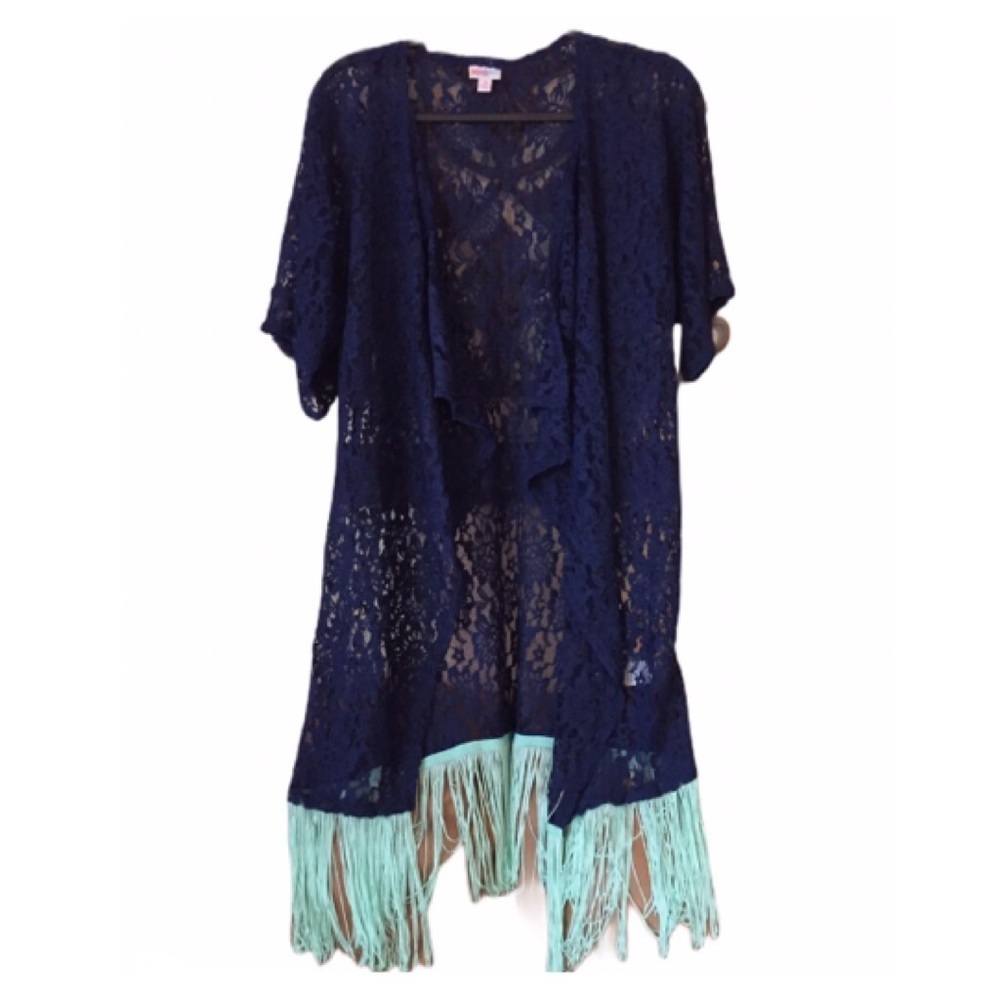 LULAROE Blue Fringe Kimono Lightweight Summer Casual Vacation Small BNWT - Picture 1 of 7